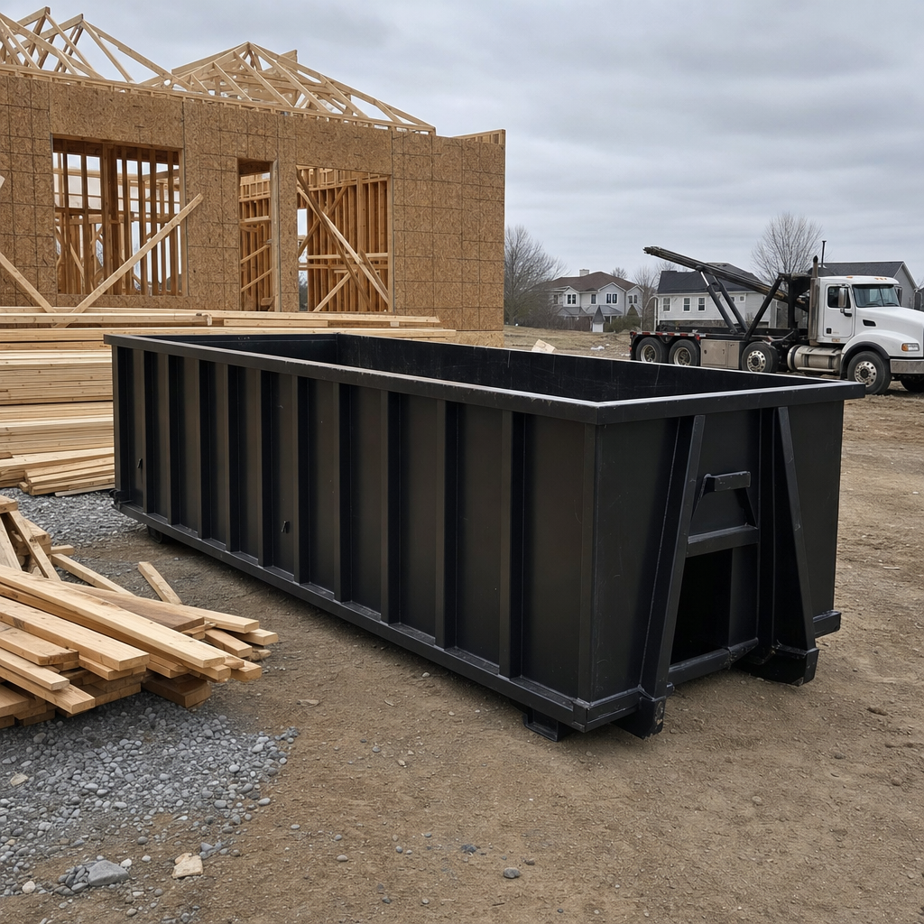 Matte-black 40-yard roll-off dumpster staged on a framed-out residential construction site in Union City, framing lumber stacked nearby, hooklift delivery truck visible in the background under bright Colorado daylight