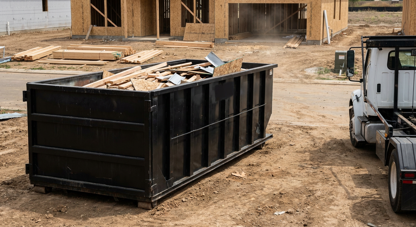 Matte-black 20-yard roll-off construction dumpster with heavy ribbed steel sidewalls and swing rear doors at a working jobsite in Union City, sitting directly on compacted dirt with an unmarked white hauler partially visible at the far edge of the frame.