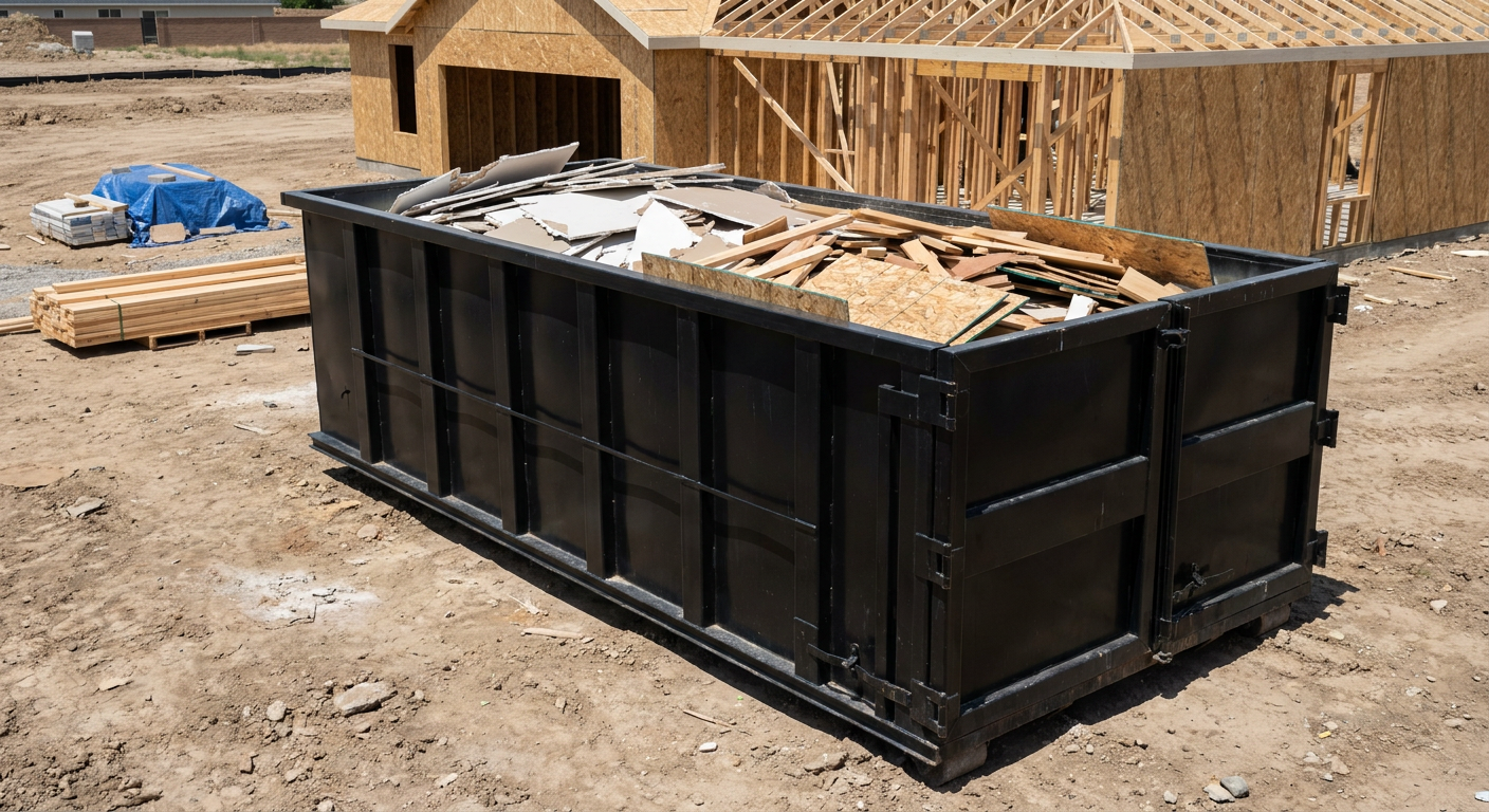 Matte-black 30-yard roll-off construction dumpster sitting directly on the compacted-dirt site of a framed single-family home build in Union City, drywall and lumber scrap loaded inside.