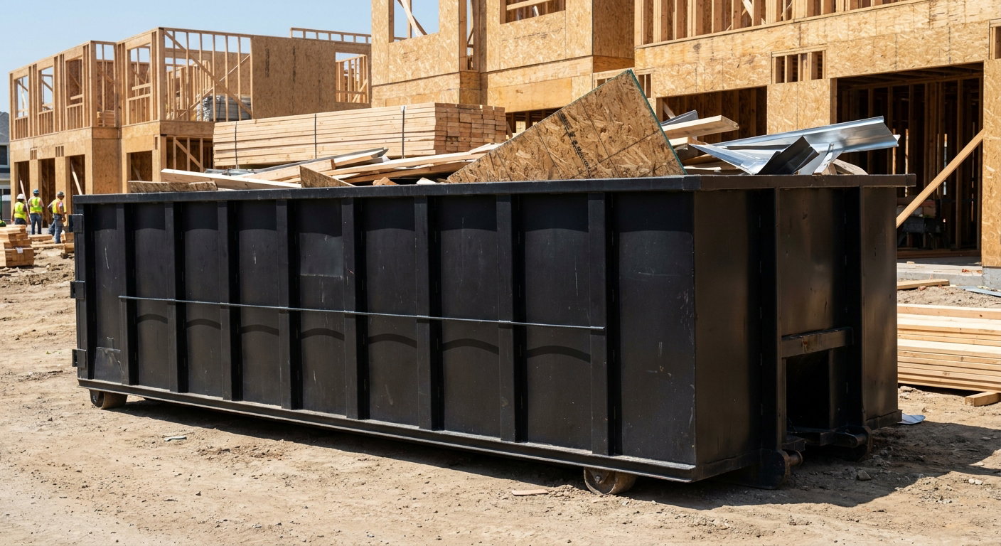 Matte-black 40-yard roll-off construction dumpster being lowered from a white-cab hooklift delivery truck onto the compacted-dirt jobsite at a commercial build site in Union City