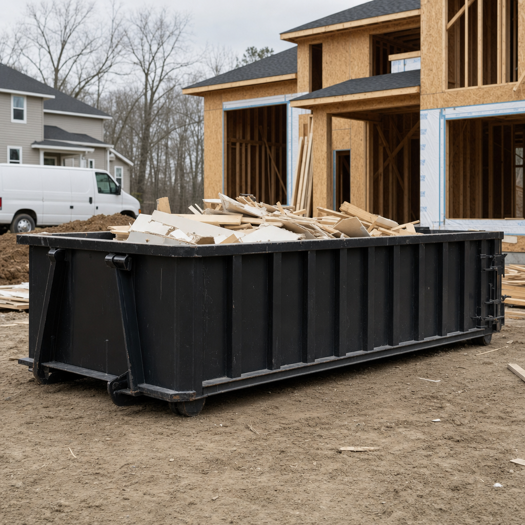 Worker in a yellow high-visibility vest tossing framing lumber and broken drywall into a matte-black 30-yard construction roll-off dumpster on an active build site in Union City, bright daylight
