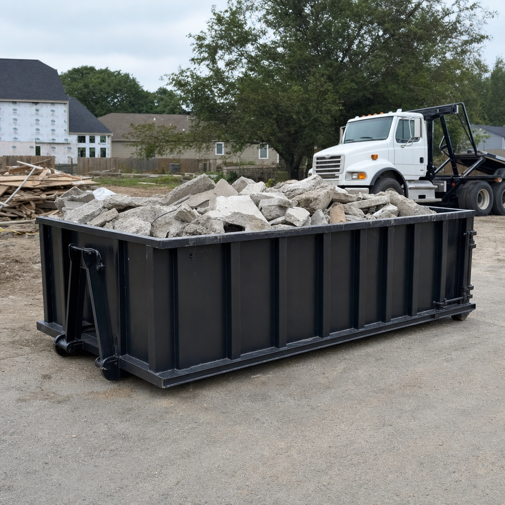 Low-profile matte-black lowboy roll-off dumpster loaded with broken concrete slab and rebar at a foundation tear-out in Union City, skid steer parked beside it, sunny Colorado morning