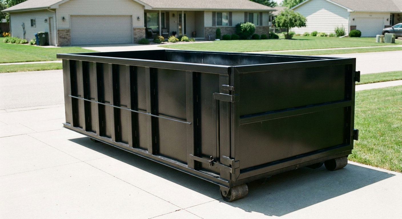 Matte-black 10-yard roll-off dumpster on a residential concrete driveway in Union City, uniformly painted matte black across every panel and rail, ribbed steel sidewalls and rear swing door visible, mid-day daylight.