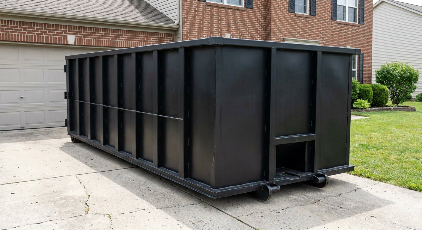 Matte-black 20-yard roll-off container on a Union City residential concrete driveway with reinforced ribbed steel sidewalls and a hinged rear walk-in door, clean bright daylight.
