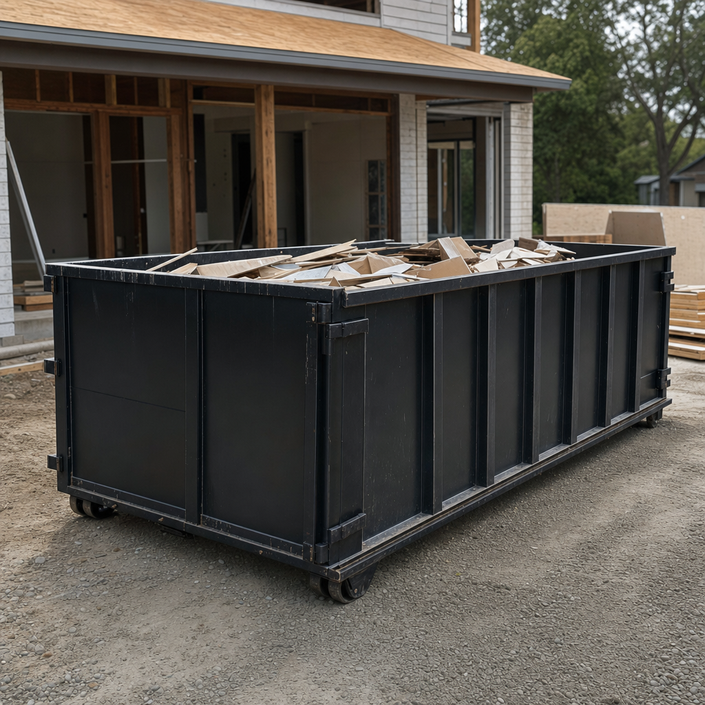 Large matte-black 30-yard construction roll-off dumpster at an active Union City jobsite, steel-gray top rails and bottom rollers visible, loaded with construction debris.