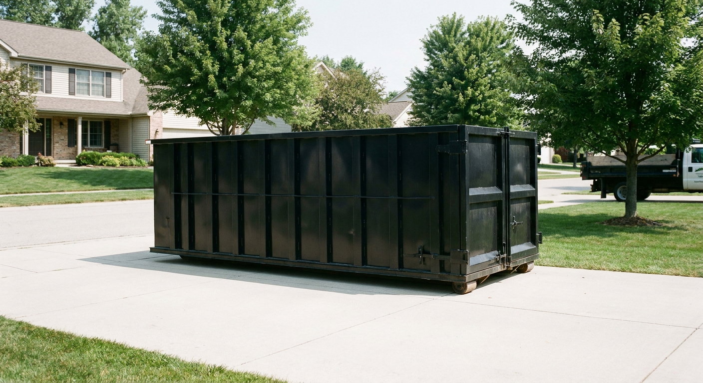 Matte-black 20-yard roll-off dumpster sitting level on a clean Union City residential concrete driveway under bright daylight, demonstrating clean placement directly on the concrete.