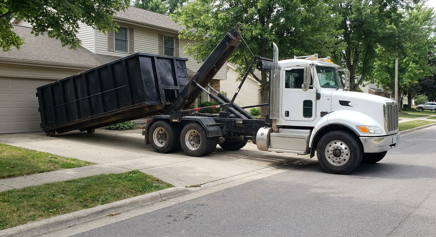 White-cab hooklift roll-off truck actively lowering a matte-black dumpster onto a Union City residential concrete driveway, the dumpster's rear wheels touching the driveway as the hoist arm tilts the bed forward, mid-morning daylight.