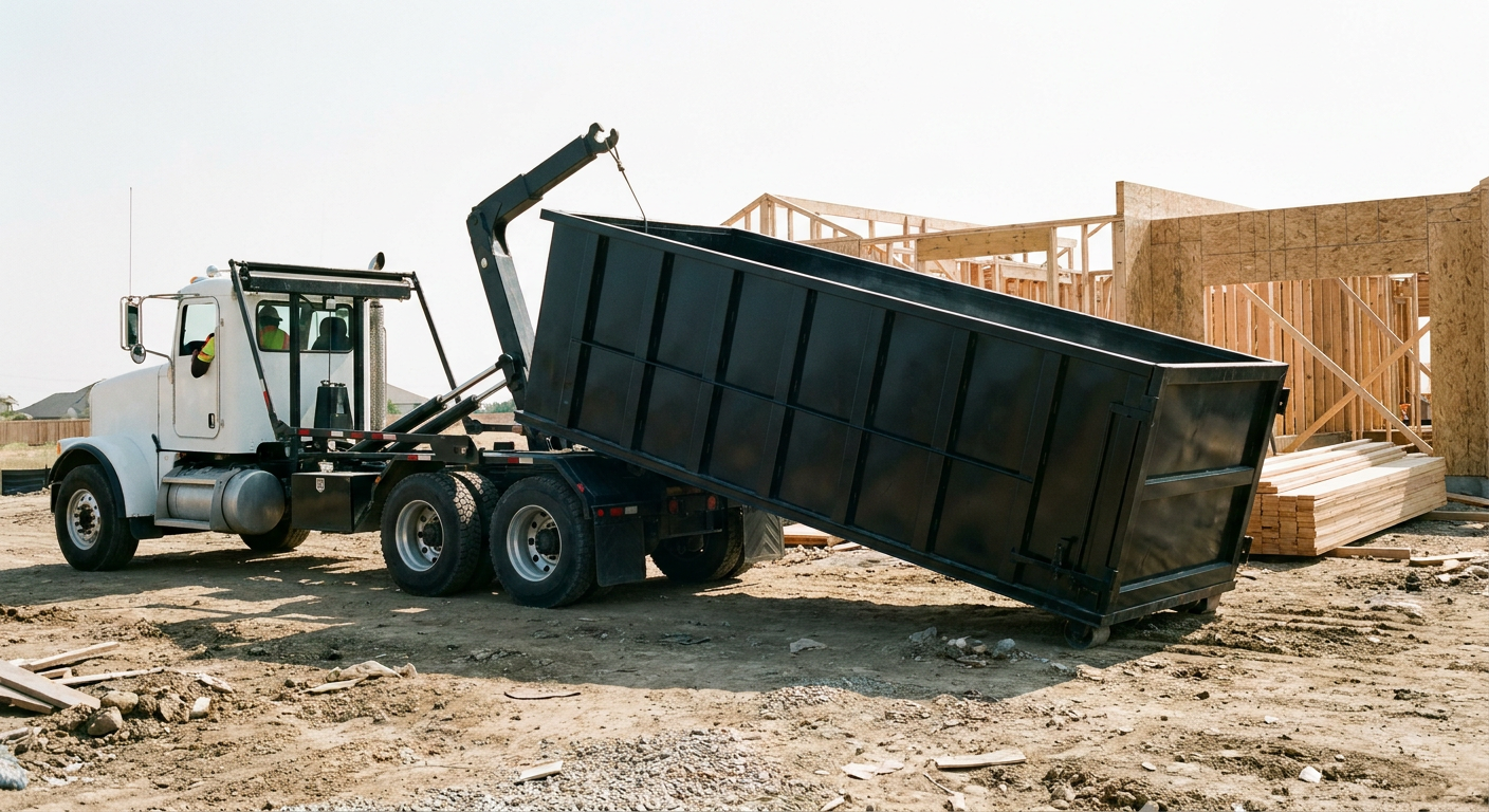 Matte-black roll-off dumpster being delivered onto a clean residential concrete driveway in Union City by an unmarked white hooklift hauler truck, bright morning daylight, documentary 35mm perspective.