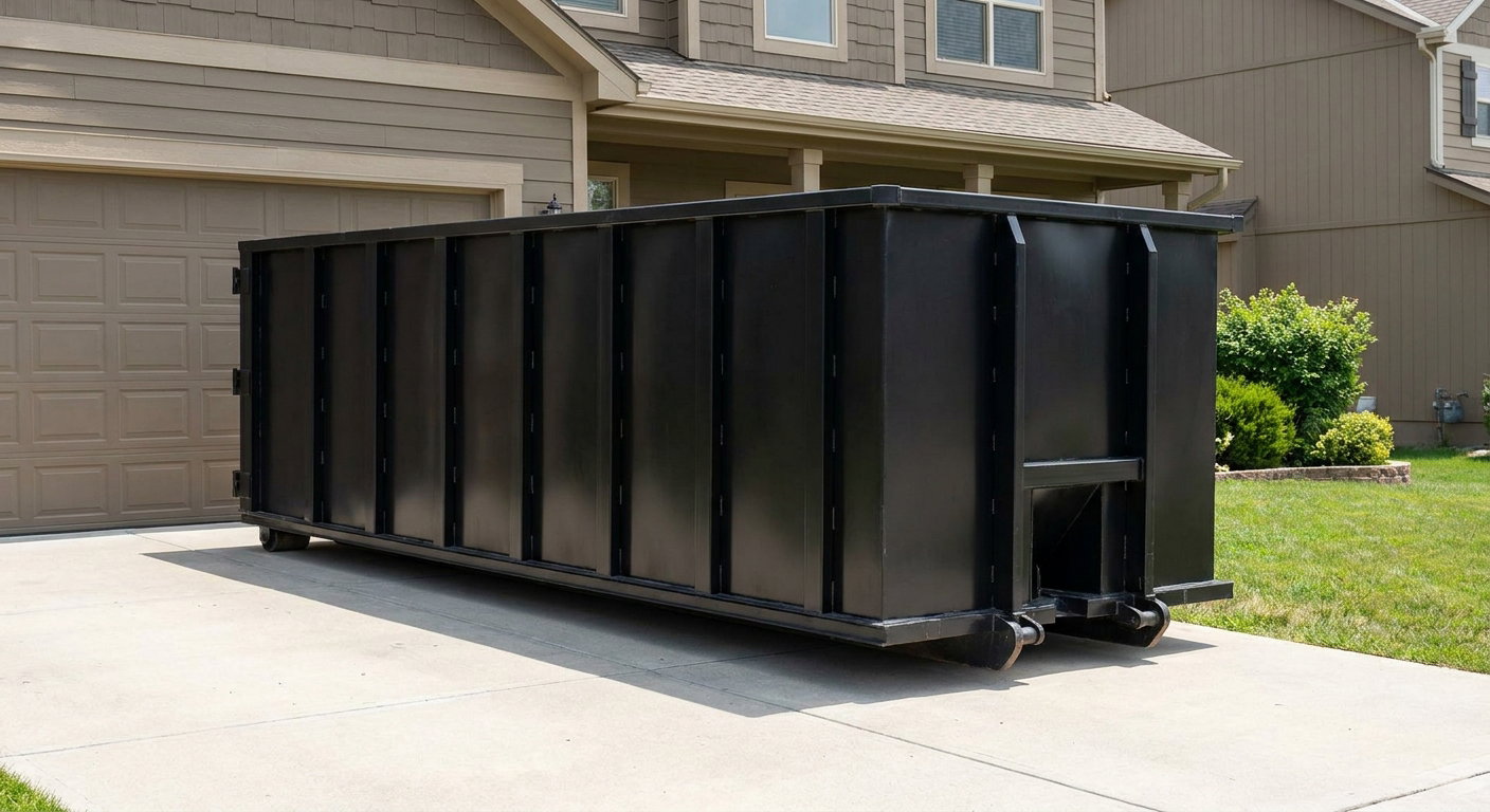 Matte-black residential roll-off dumpster sitting directly on a suburban Union City concrete driveway, garage door closed, single-family home in background, bright morning daylight.