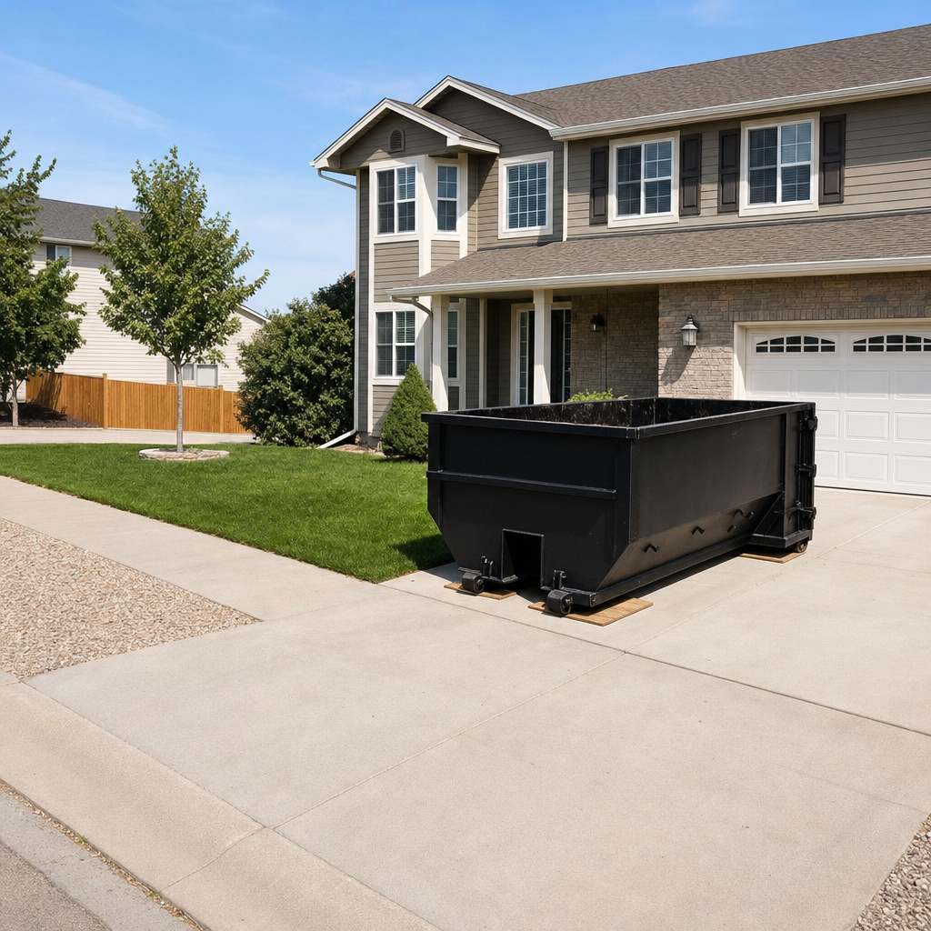 10-yard matte-black residential dumpster placed directly on a narrow Union City concrete driveway, room remains for a parked sedan beside it, mid-morning natural light