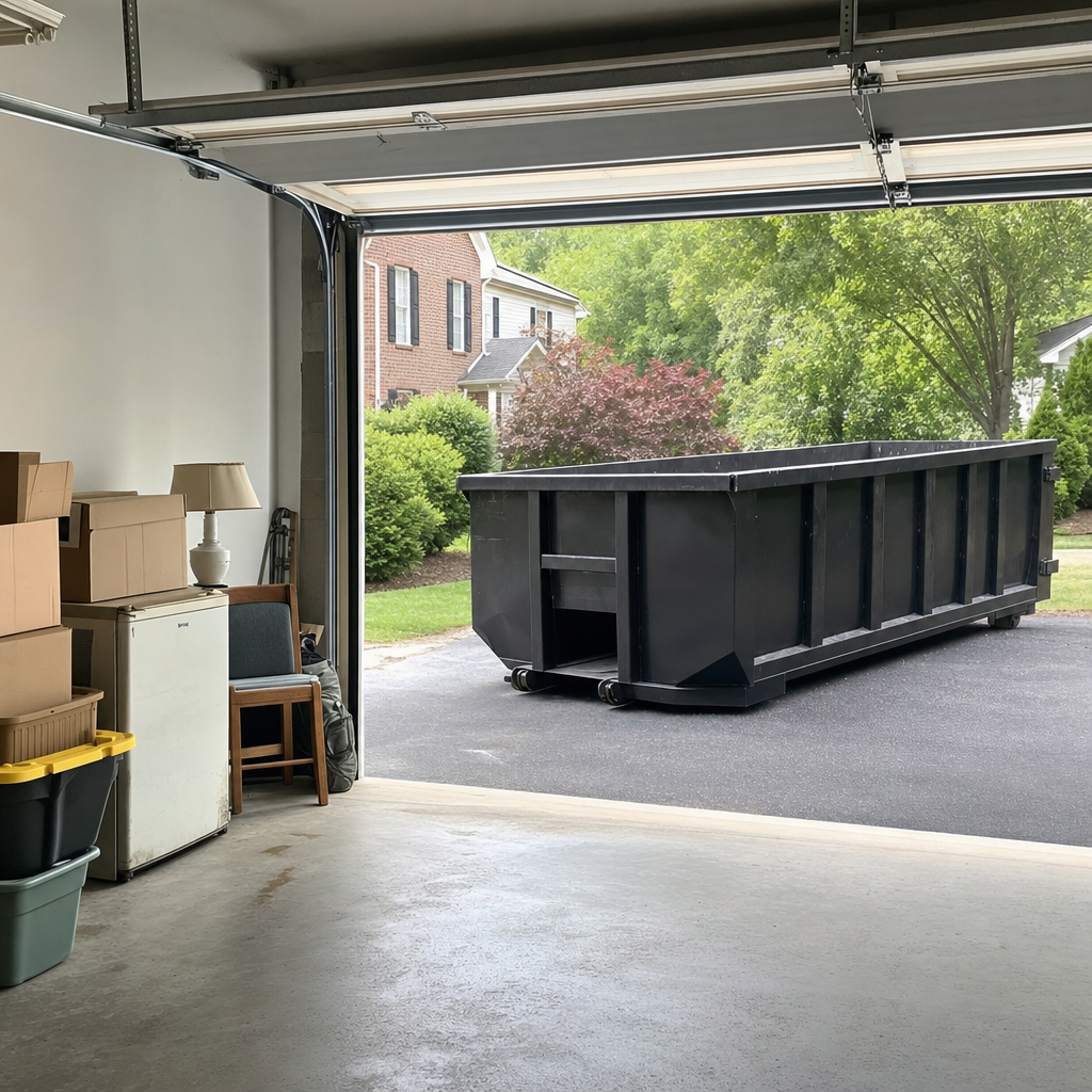 Open garage interior in a Union City home mid-cleanout — boxed items, an old appliance, and stacked yard tools queued near the driveway for a matte-black roll-off dumpster, organized and calm