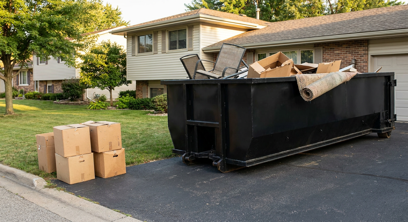 Front-yard view of a Union City split-level home with a 20-yard matte-black roll-off dumpster sitting directly on the asphalt driveway, a few clearly labeled donation boxes staged at the curb, calm sunny afternoon.