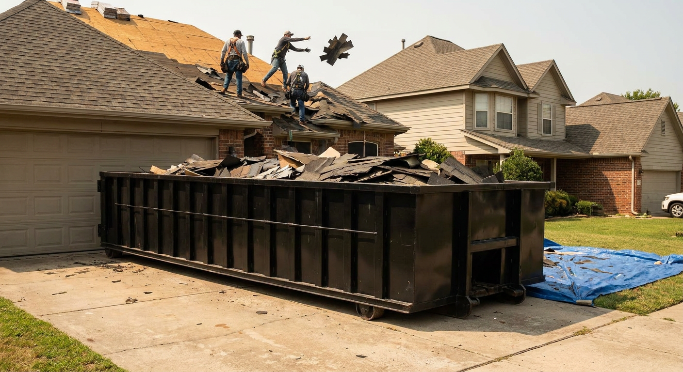 Matte-black roofing roll-off dumpster placed directly on a Union City residential concrete driveway, a tear-off crew on a two-story asphalt-shingle roof tossing shingle bundles into the low-walled container, bright daylight, documentary 35mm perspective.