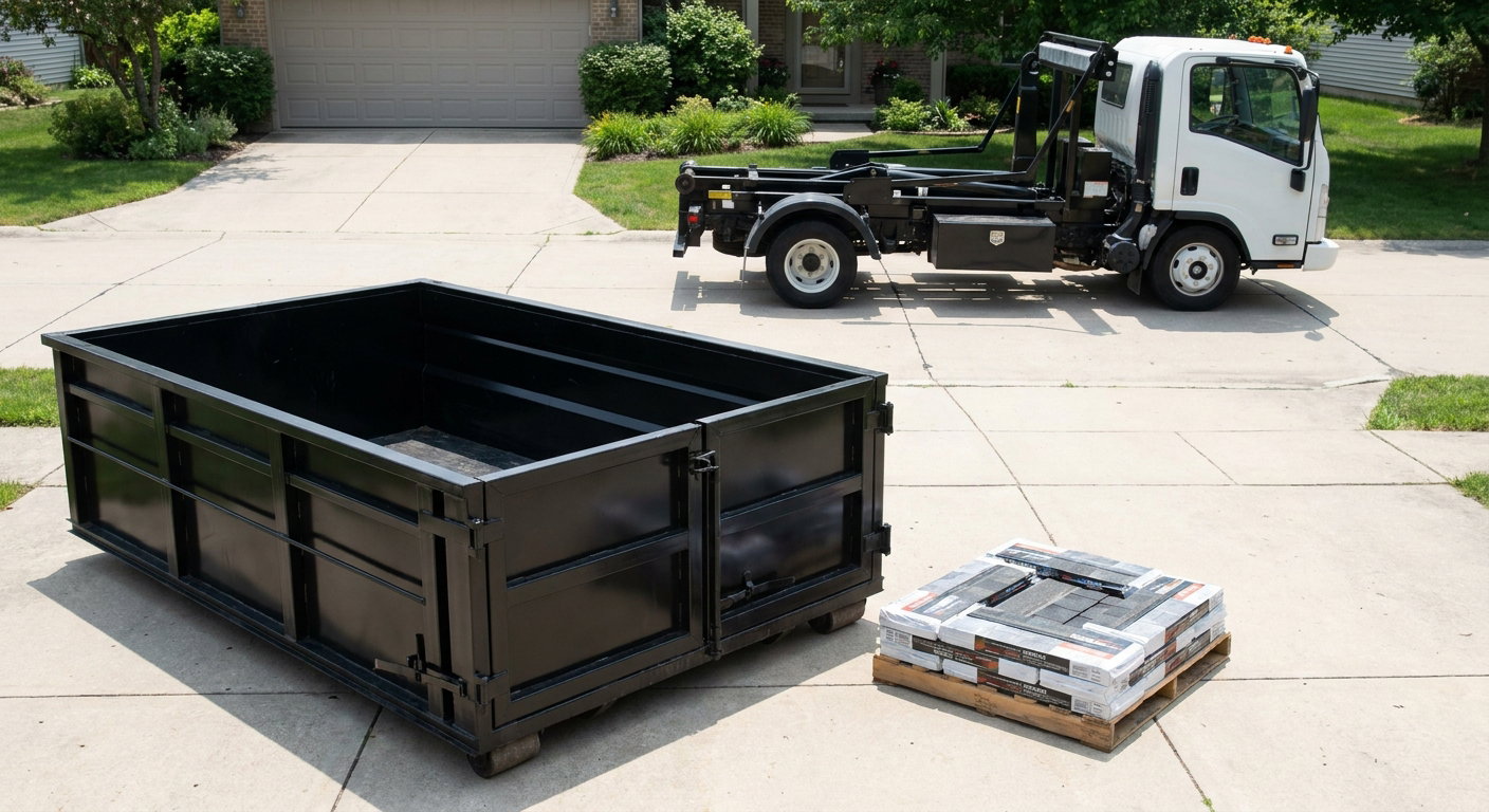 Matte-black 15-yard roofing roll-off dumpster with reinforced low side walls sitting directly on a Union City residential concrete driveway, three-tab asphalt shingle bundles stacked nearby, an unmarked white hauler truck partially visible at the edge of the frame.