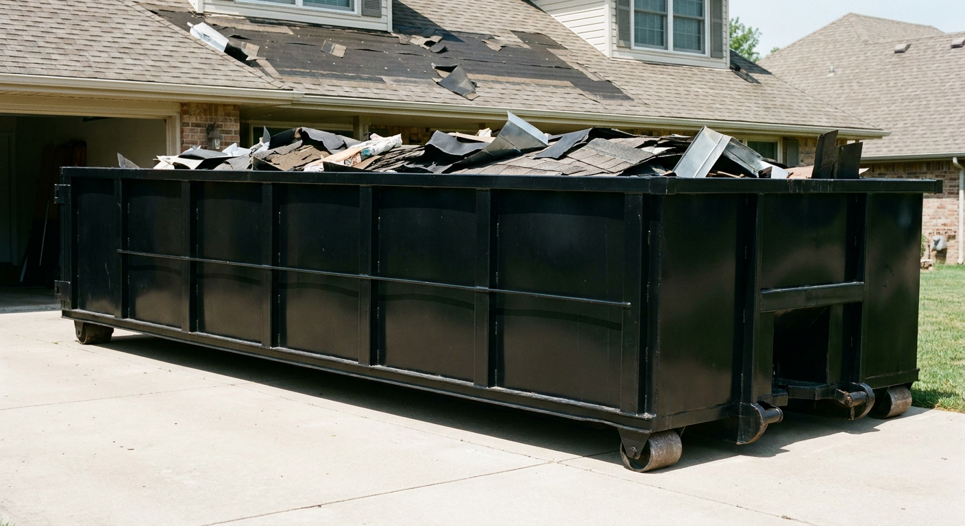 Matte-black 20-yard roofing roll-off dumpster with steel ribbed sides and swinging rear door, sitting directly on the concrete driveway of a two-story Union City home, asphalt shingle debris being loaded over the low wall, clean documentary lighting.
