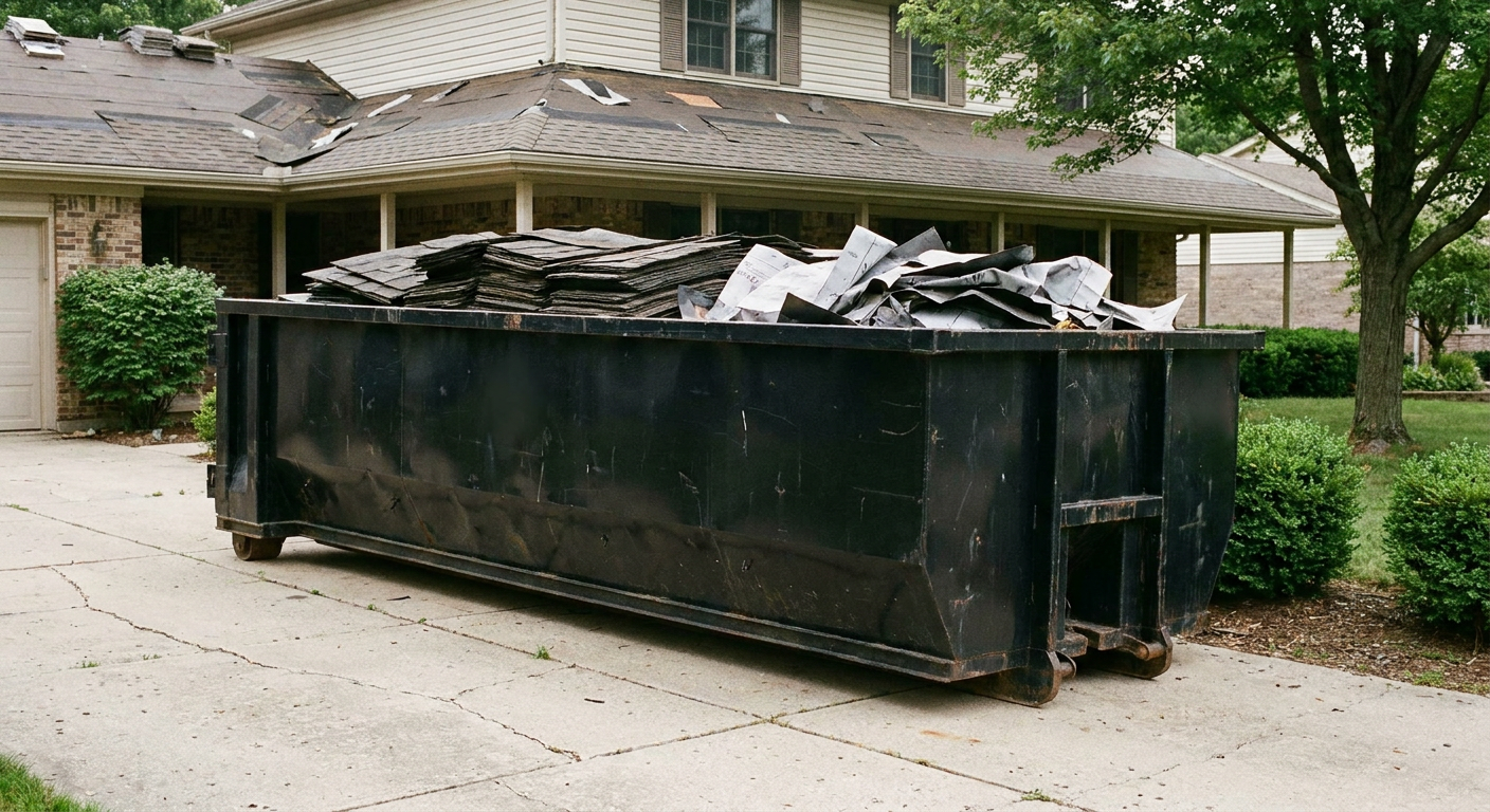 Matte-black 30-yard roofing roll-off dumpster sitting directly on a Union City concrete driveway, taller ribbed steel side panels, mixed tear-off debris of asphalt shingles and underlayment inside, professional documentary daylight.