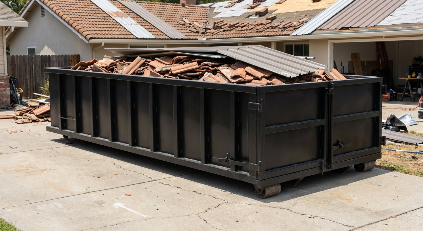 Matte-black low-wall heavy-debris roofing roll-off dumpster sitting directly on a Union City concrete driveway, broken concrete clay roof tiles and metal panel sections loaded inside, reinforced ribbed steel side walls visible, bright outdoor daylight.