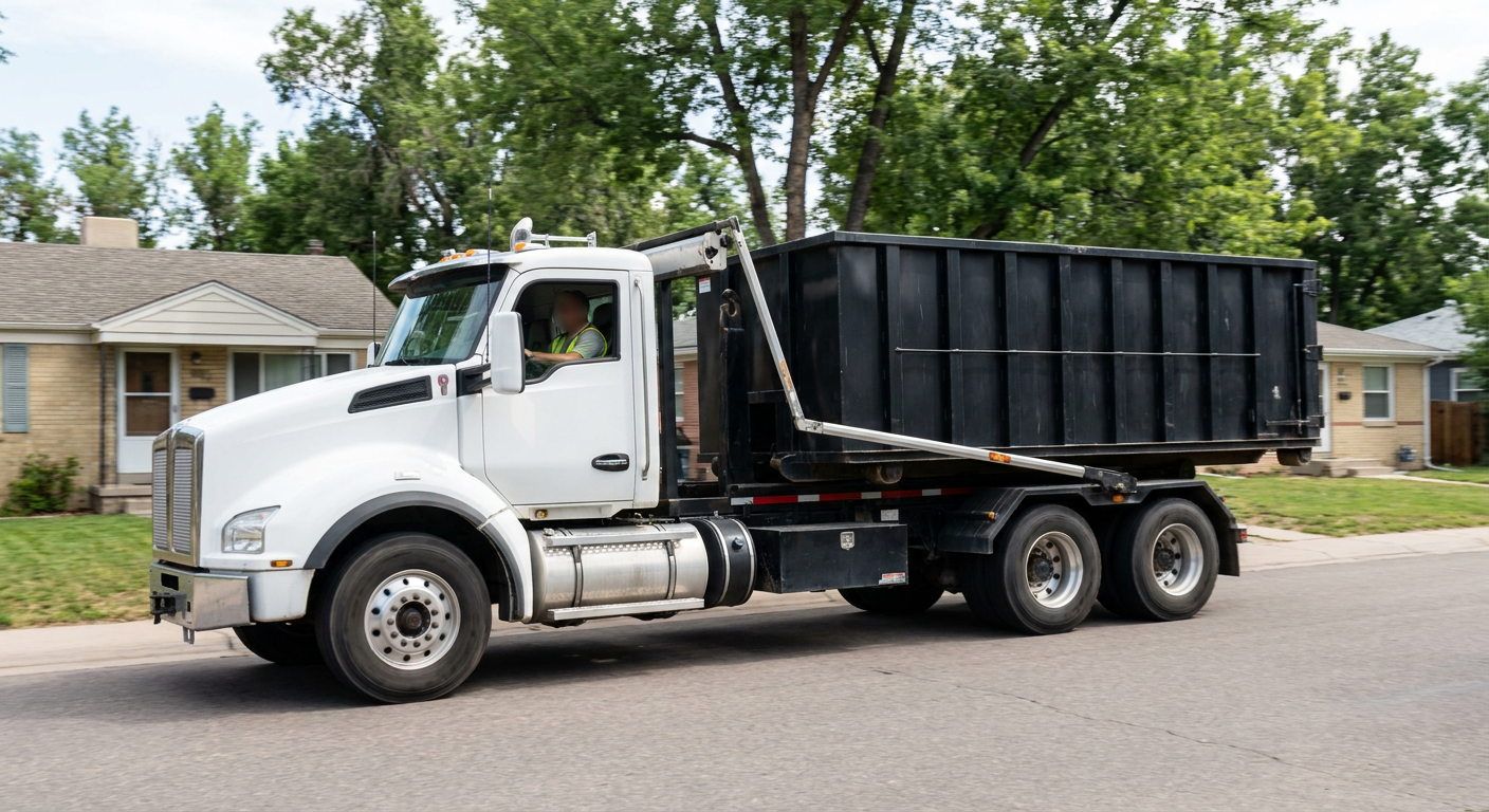 A wide documentary shot of a matte-black roll-off delivery truck pulling onto a quiet Union City residential street at mid-morning, with neighborhood rooftops and tree-lined blocks visible behind, showing the metro coverage footprint.