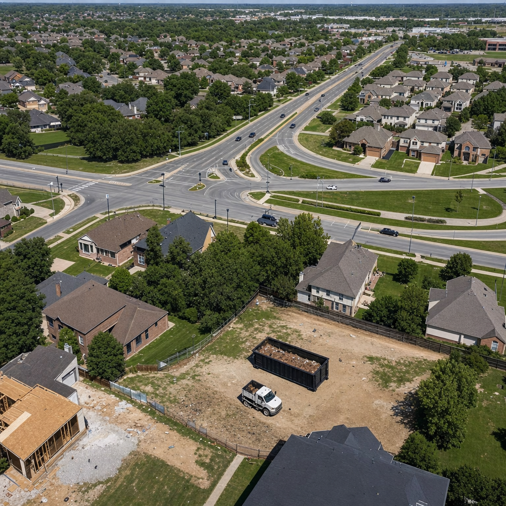 An overhead documentary view of the Union City metro area at midday, showing the spread of neighborhoods, arterial roads, and the dispatch radius from a central yard — clean daylight, organized geographic layout.