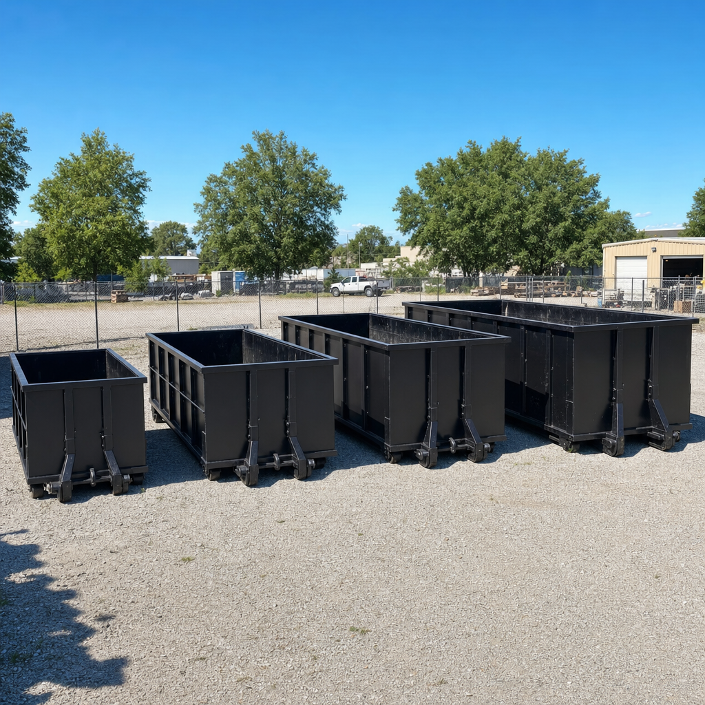 A clean lineup of matte-black roll-off dumpsters in 10, 20, 30, and 40-yard sizes staged on a sunlit gravel yard in Union City, showing the size progression from compact to commercial-scale containers.