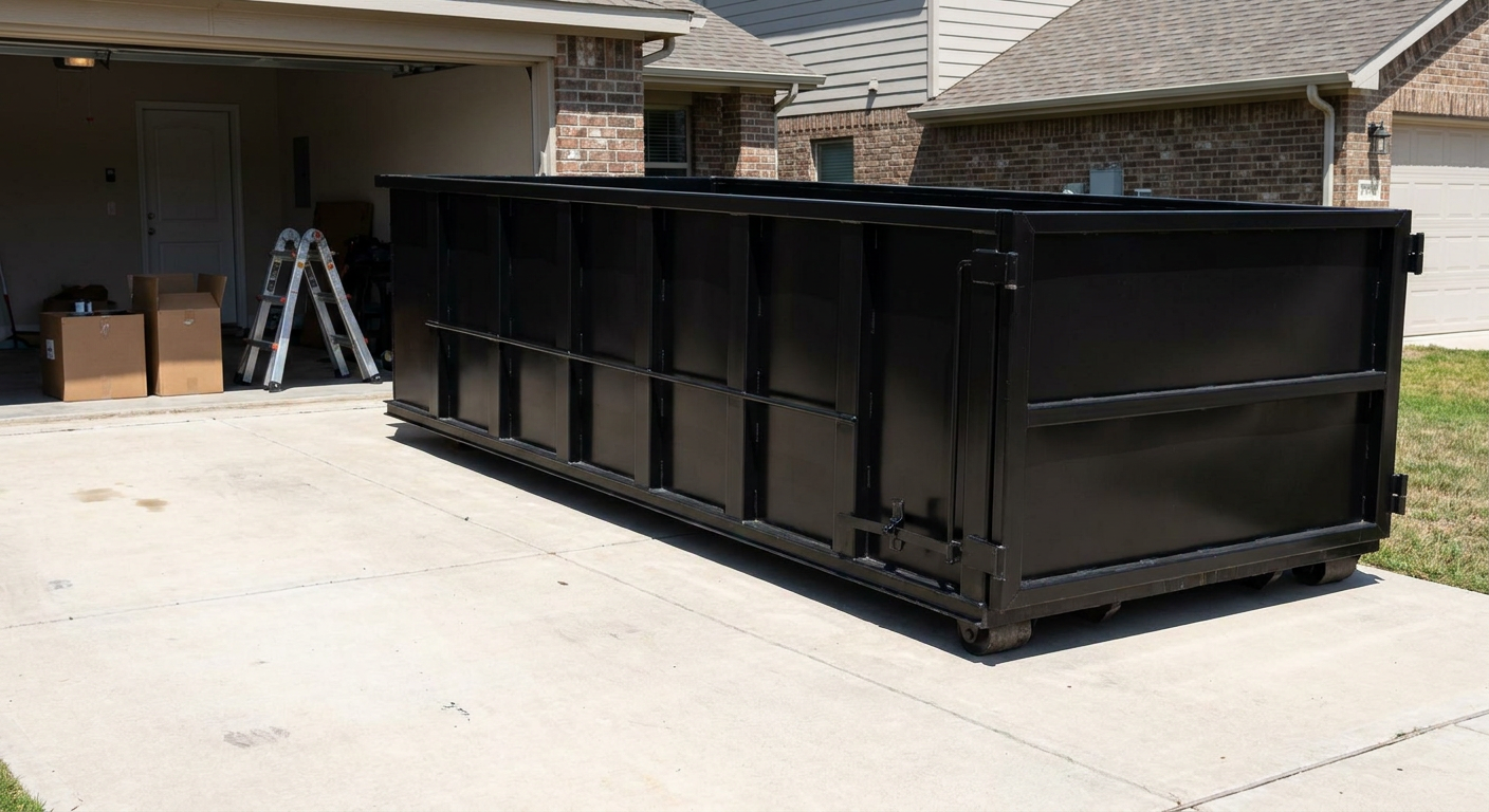 A matte-black 10-yard roll-off dumpster sitting directly on a residential Union City concrete driveway, mid-day sunlight, clean and ready for a garage cleanout.