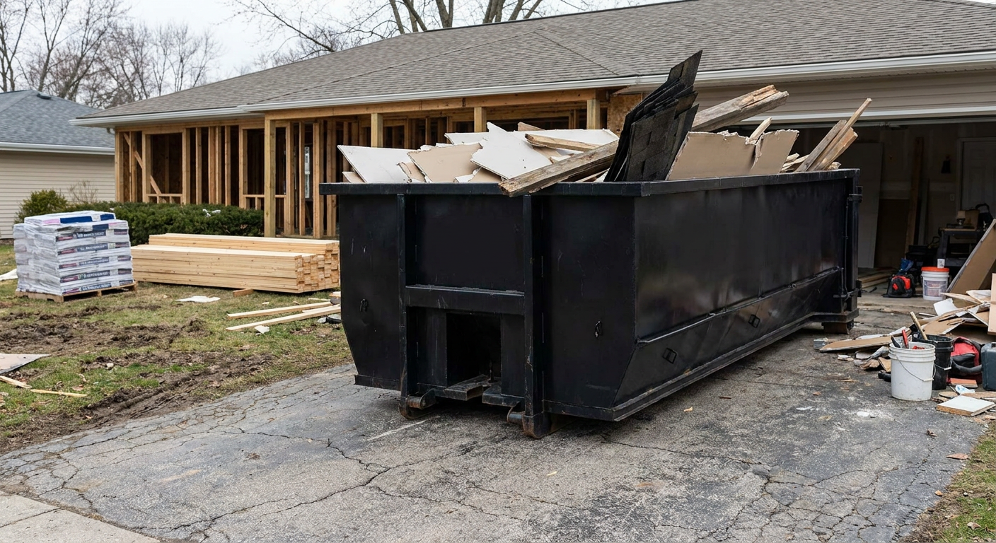 A matte-black 20-yard roll-off dumpster placed alongside a mid-renovation Union City home directly on the asphalt driveway, with framing materials and torn-off shingles staged neatly nearby.