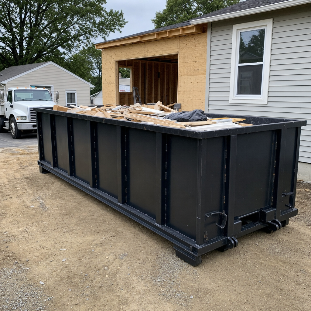 A matte-black 30-yard roll-off dumpster positioned at a Union City residential addition jobsite, with framing lumber and drywall scraps loaded through the open swinging rear doors.