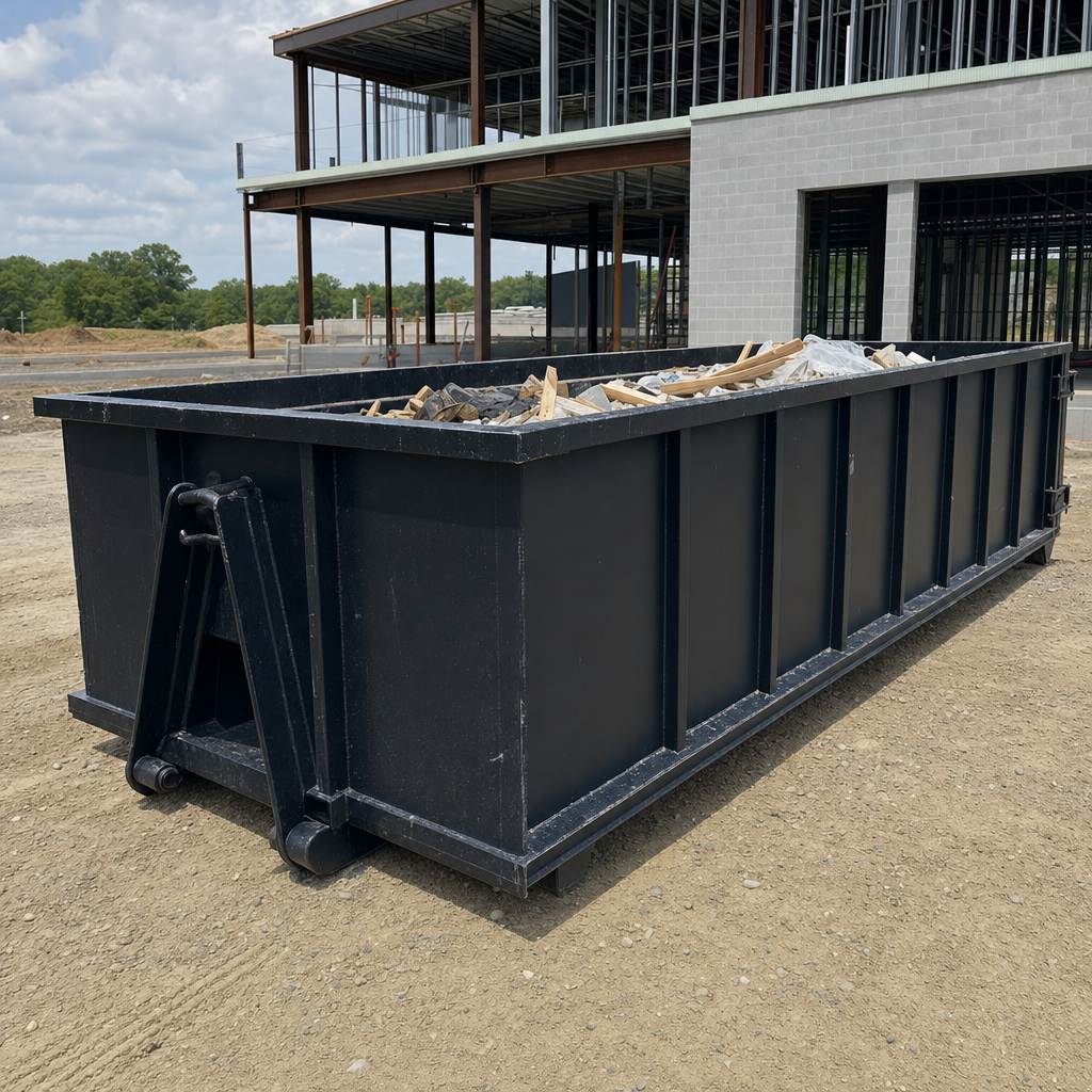 A matte-black 40-yard roll-off dumpster staged on a large Union City commercial construction lot, with a hooklift delivery truck parked alongside under bright midday sky.