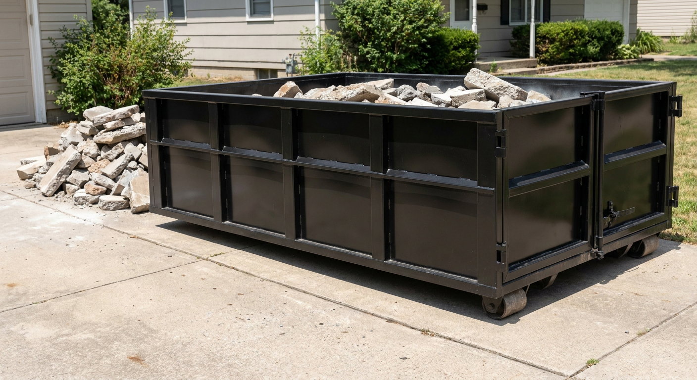 A matte-black low-side heavy-debris roll-off dumpster placed directly on a Union City concrete driveway, with broken concrete chunks neatly stacked beside it under clean daylight.