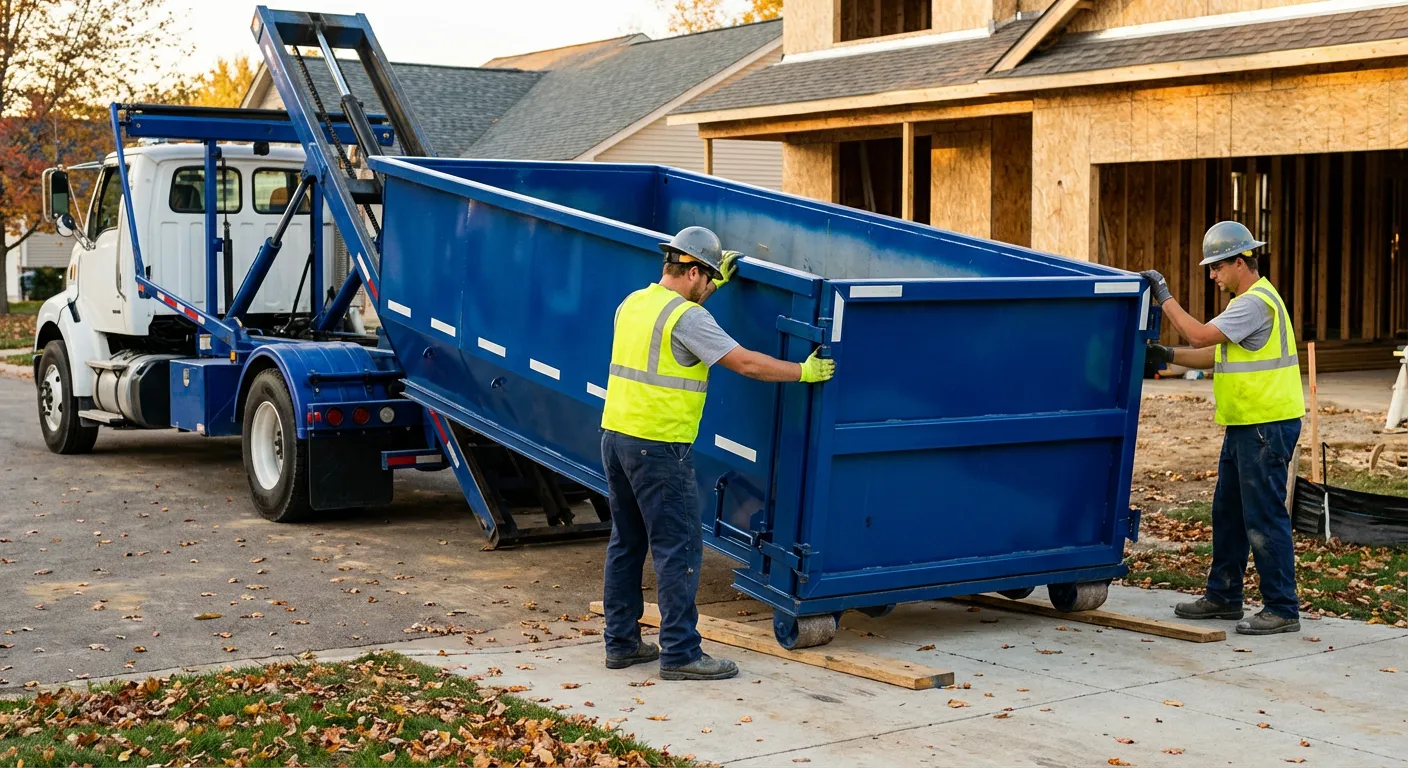 Roll-off dumpster delivery truck in residential area in Union City, CA