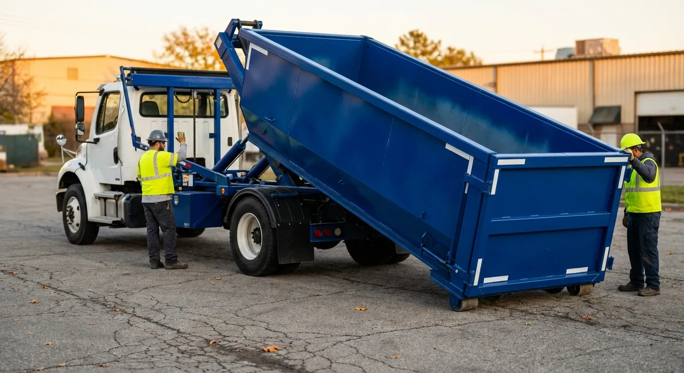 Roll-off dumpster rental truck protecting driveway surfaces in Union City, CA